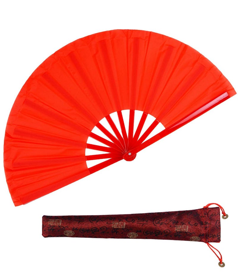 HONSHEN Dance Folding Hand Fan-Red Large Chinese Kung Fu Tai Chi Polycarbonate Hand Held Folding Fans for Men/Women With a Fabric Case for Protection 13inch (Hand Fan red) - Image 1